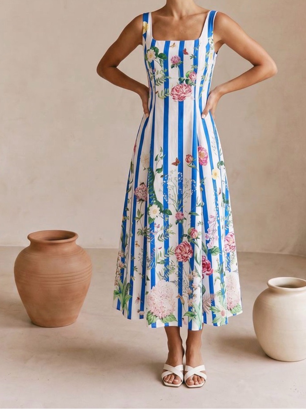 Commense Blue & White Striped Floral Midi Dress